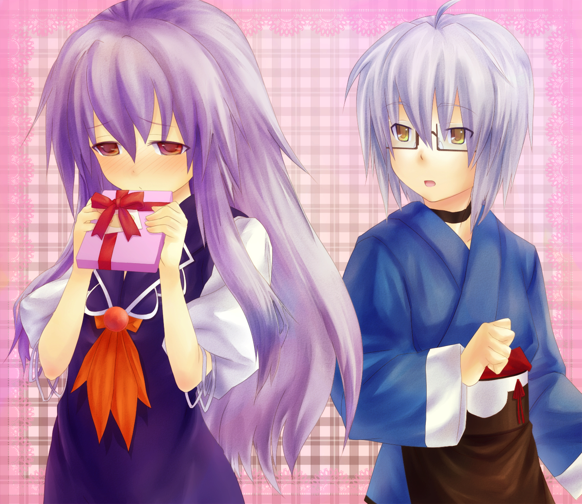 eho (icbm), kaiho, kamishirasawa keine, morichika rinnosuke, touhou, silver hair, bad id, bad pixiv id, 1boy, 1girl, blush, couple, gift, glasses, hetero, holding, holding gift, japanese clothes, long hair, no headwear, purple hair, red eyes, short hair, yellow eyes