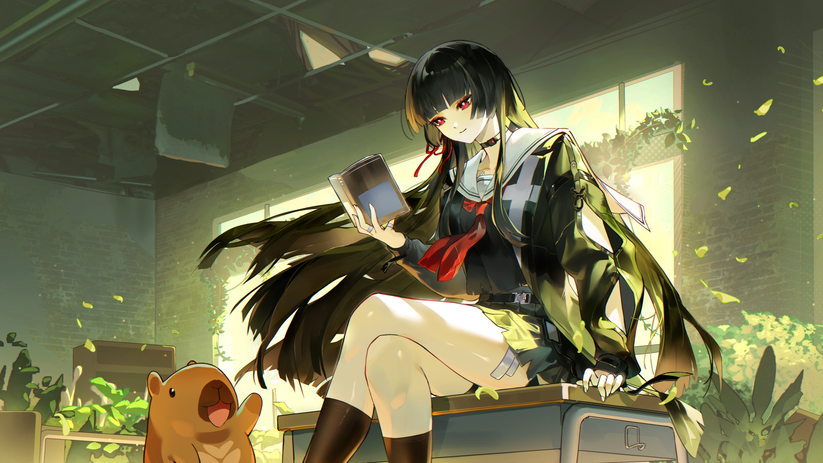 koharu1807, chisa (wuthering waves), wuthering waves, commentary, highres, 1girl, arm cutout, black choker, black hair, black jacket, black serafuku, black shirt, black skirt, book, breasts, capybara, choker, closed mouth, clothing cutout, crossed legs, feet out of frame, hair ribbon, holding, holding book, indoors, jacket, long hair, long sleeves, medium breasts, namipon (wuthering waves), neckerchief, red eyes, red neckerchief, red ribbon, ribbon, sailor collar, school uniform, serafuku, shirt, sitting, skirt, smile, solo, very long hair, white sailor collar