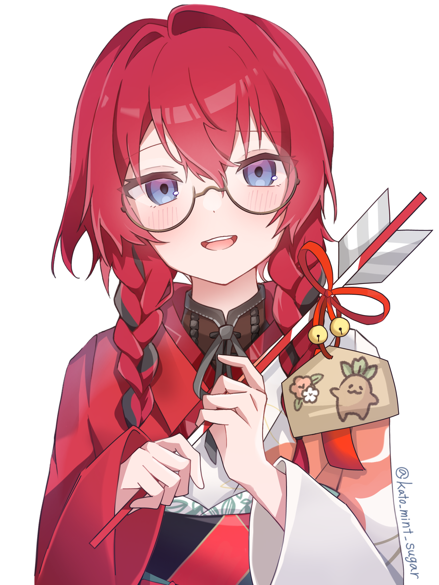 ange katrina, ange katrina (new year), mandragora (ange katrina), nijisanji, commentary request, highres, variant set, 1girl, arrow (projectile), black hair, blue eyes, blush, braid, brown-framed eyewear, egasumi, ema, glasses, gradient eyes, hair between eyes, hair intakes, hair over shoulder, hamaya, hands up, head tilt, holding, holding arrow, japanese clothes, kato mint sugar, kimono, long bangs, long hair, long sleeves, looking at viewer, low twin braids, multicolored eyes, multicolored hair, new year, open mouth, purple eyes, red hair, red kimono, round eyewear, semi-rimless eyewear, simple background, smile, solo, straight-on, streaked hair, teeth, transparent background, twin braids, twitter username, two-tone hair, upper body, upper teeth only, virtual youtuber, white kimono
