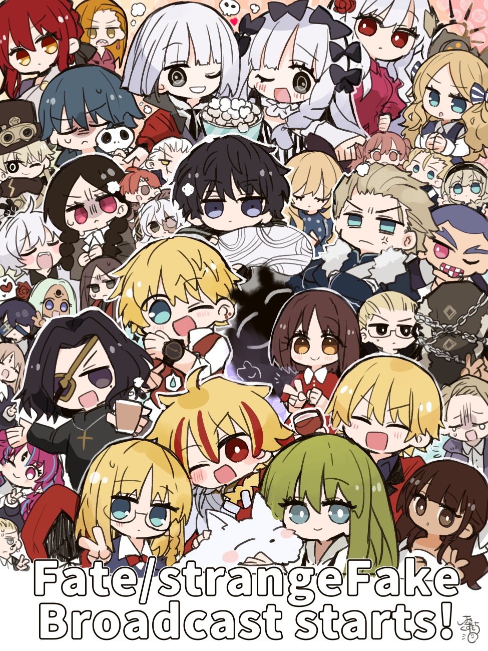 shio kuzumochi, enkidu (fate), fillia (fate), francesca prelati (fate), gilgamesh (fate), richard i (fate), sajou ayaka (fate/strange fake), wolf (fate), fate/strange fake, fate (series), commentary request, highres, blonde hair, green eyes, green hair, long hair, long sleeves, looking at viewer, multiple boys, red eyes, robe, white robe