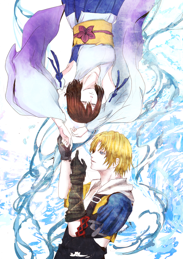 ruka (blueplus84), tidus, yuna (ff10), final fantasy, final fantasy x, commentary request, 1boy, 1girl, black gloves, black hair, blue eyes, blue hakama, blue ribbon, brown hair, closed eyes, detached sleeves, gloves, gradient sleeves, hakama, hakama skirt, japanese clothes, kimono, long hair, obi, obijime, ribbon, sash, short hair, skirt, sleeve ribbon, twitter username, water, white kimono, wide sleeves, yellow sash