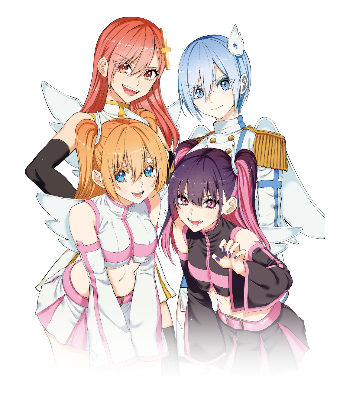 hashimoto yuu, amano ririsa, ariel (2.5 jigen no ririsa), kisaki aria, liliel (2.5 jigen no ririsa), miriella (2.5 jigen no ririsa), nokiel (2.5 jigen no ririsa), nonoa (2.5 jigen no ririsa), tachibana mikari, 2.5 jigen no ririsa, highres, official art, 4girls, ariel (2.5 jigen no ririsa) (cosplay), bare shoulders, belt, black nails, black skirt, black sleeves, blue eyes, blue hair, closed mouth, cosplay, crop top, detached sleeves, fake wings, hair ornament, leaning forward, liliel (2.5 jigen no ririsa) (cosplay), long hair, looking at viewer, midriff, miriella (2.5 jigen no ririsa) (cosplay), multicolored hair, multiple girls, navel, nokiel (2.5 jigen no ririsa) (cosplay), open mouth, orange hair, pink belt, pink eyes, pink hair, pink trim, purple hair, red eyes, red hair, short hair, simple background, skirt, smile, streaked hair, teeth, transparent background, two side up, upper teeth only, white skirt, white sleeves, white wings, wings