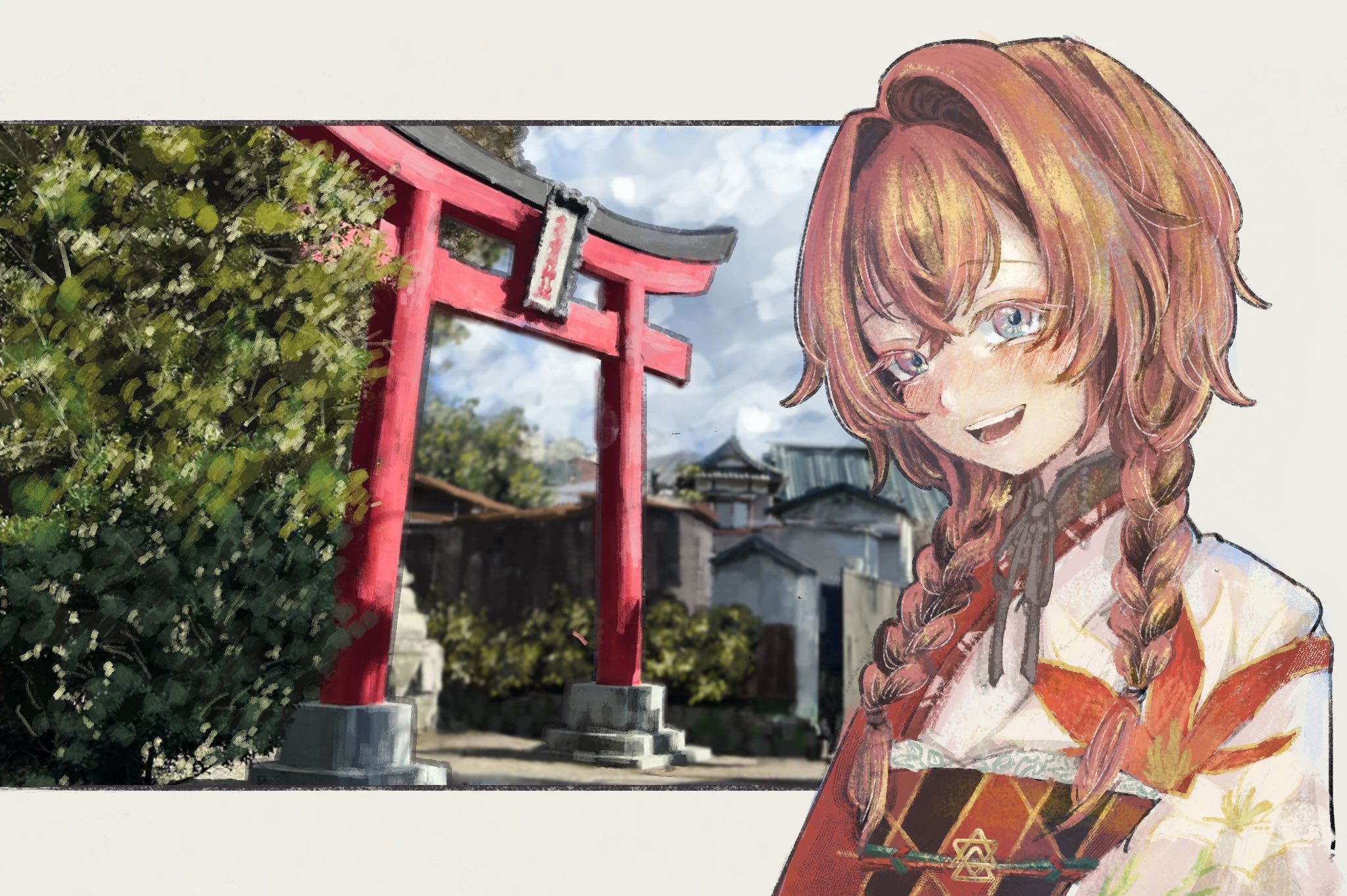 ange katrina, ange katrina (new year), nijisanji, commentary request, highres, 1girl, :d, black sash, blue eyes, blush, border, braid, bush, crossed bangs, day, eyelashes, floral print, floral print kimono, grey border, hair intakes, hair over shoulder, japanese clothes, kimono, long hair, looking at viewer, low twin braids, mrmy etc, multicolored sash, obi, obiage, obidome, obijime, open mouth, orange sash, outdoors, outside border, photo background, print kimono, red hair, red kimono, red sash, sash, smile, solo, teeth, torii, twin braids, upper body, virtual youtuber, white kimono