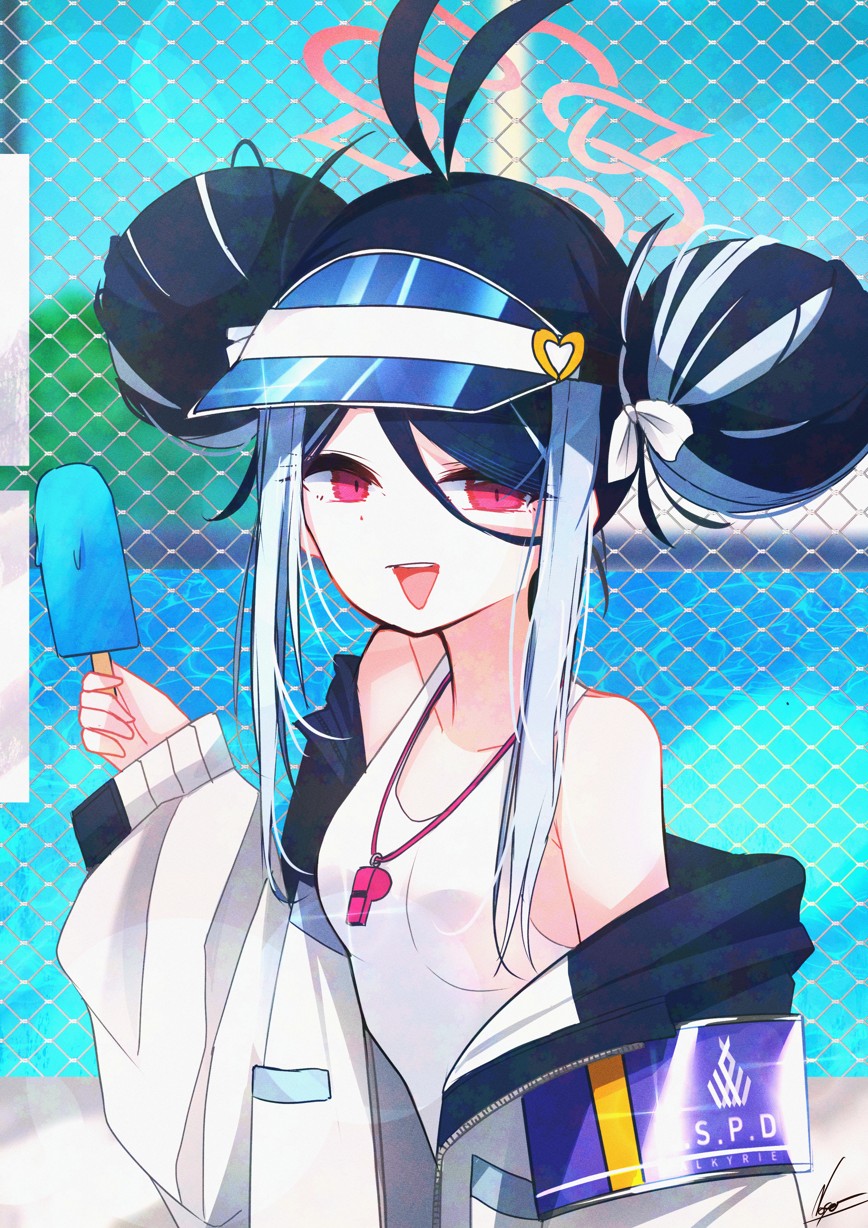 noger (hibiki2542), fubuki (blue archive), fubuki (swimsuit) (blue archive), blue archive, absurdres, commentary request, highres, 1girl, antenna hair, armband, blue hair, blue sky, bow, chain-link fence, day, double bun, fence, food, hair between eyes, hair bow, hair bun, halo, hat ornament, heart, heart hat ornament, holding, holding food, holding popsicle, jacket, long sleeves, multicolored hair, off-shoulder jacket, off shoulder, official alternate costume, official alternate hairstyle, one-piece swimsuit, open clothes, open jacket, open mouth, pink eyes, pool, popsicle, sidelocks, sky, solo, streaked hair, swimsuit, two-tone hair, visor cap, water, whistle, whistle around neck, white bow, white jacket, white one-piece swimsuit
