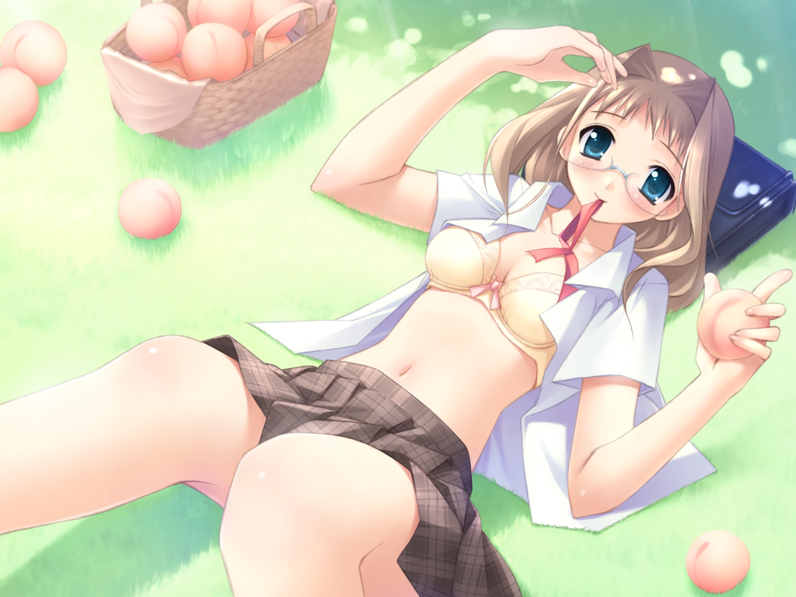 gennosuke (artist), hazuki mao, onii-chan daaisuki!, highres, 1girl, backpack, bag, basket, blonde hair, blue eyes, blush, bra, female focus, food, fruit, glasses, grass, holding, holding food, holding fruit, lingerie, lying, midriff, miniskirt, mouth hold, navel, on back, open clothes, open shirt, peach, randoseru, shirt, skirt, solo, underwear, yellow bra