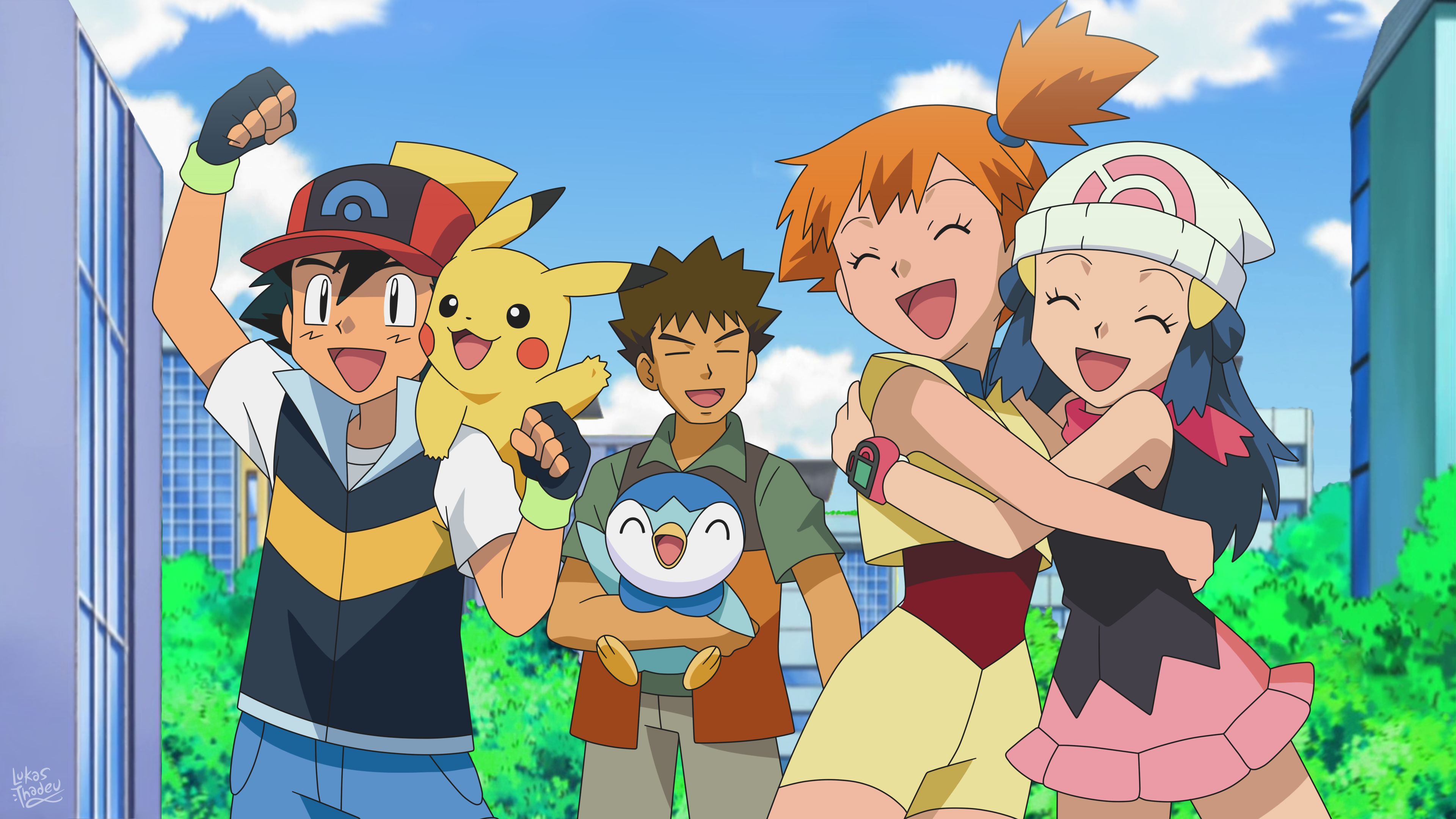 lukas thadeu, ash ketchum, brock (pokemon), dawn (pokemon), misty (pokemon), pikachu, piplup, nintendo, pokemon, pokemon (anime), pokemon dppt (anime), pokemon rse (anime), absurdres, commentary request, highres, 2boys, 2girls, ^ ^, anime coloring, arm up, artist name, baseball cap, beanie, black gloves, black hair, black shirt, black vest, blue hair, blue pants, blue sky, brown hair, brown pants, building, clenched hands, closed eyes, cloud, collared shirt, cropped jacket, dark-skinned male, dark skin, day, denim, eyelashes, fingerless gloves, gen 1 pokemon, gen 4 pokemon, gloves, green shirt, hair ornament, hairclip, hat, holding, holding pokemon, hug, in-franchise crossover, jacket, jeans, long hair, multiple boys, multiple girls, official style, on shoulder, open clothes, open mouth, open vest, orange hair, orange vest, outdoors, pants, parody, pink scarf, pink skirt, pokemon (creature), pokemon on shoulder, poketch, red hat, red shirt, scarf, shirt, short hair, shorts, side ponytail, skirt, sky, sleeveless, sleeveless jacket, sleeveless shirt, smile, spiked hair, style parody, tree, vest, watch, white hat, white shirt, wristwatch, yellow jacket, yellow shorts