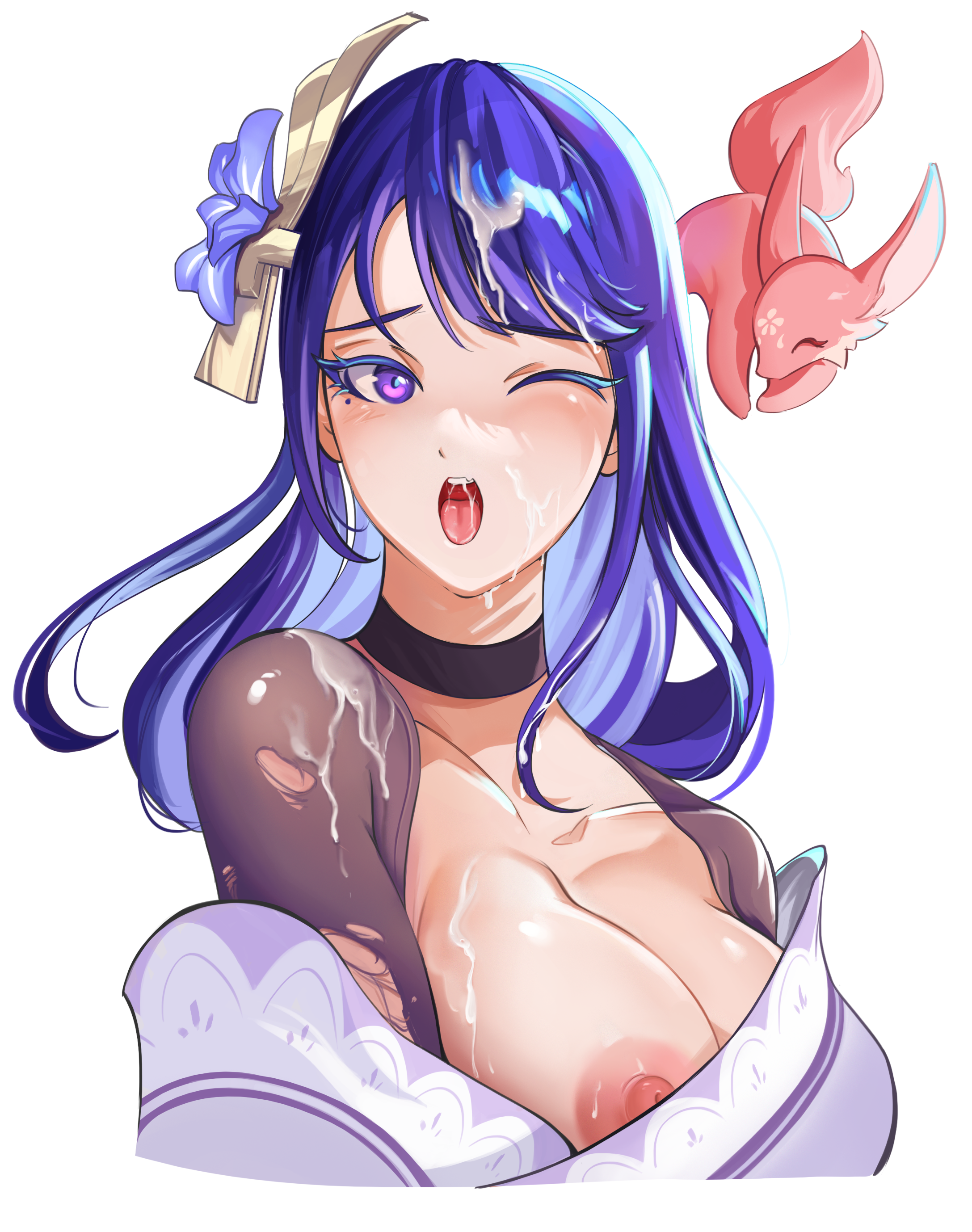 raiden shogun, yae miko, yae miko (fox), genshin impact, absurdres, commentary, english commentary, highres, 1girl, alternate breast size (larger), black choker, blue pupils, blunt bangs, blush, breast slip, breasts, bridal gauntlets, choker, cleavage, clothing cutout, collarbone, cum, cum on body, facial, gradient hair, hair ornament, huge breasts, japanese clothes, kimono, large breasts, long hair, looking to the side, mole, mole under eye, multicolored eyes, multicolored hair, naughty face, off shoulder, one eye closed, open mouth, ping7751, puffy nipples, purple eyes, purple kimono, shade, shoulder cutout, sideboob, simple background, solo focus, teeth, torn clothes, upper body, upper teeth only, white background