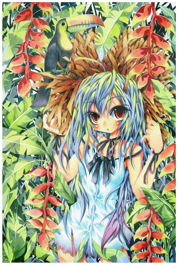 emperpep, painting (medium), traditional media, watercolor (medium), 1girl, ahoge, aqua hair, bird, blush, brown eyes, dress, female focus, flower, gradient hair, hat, heliconia, jungle, long hair, multicolored hair, nature, red eyes, ribbon, short dress, sleeveless, solo, straw hat, toucan