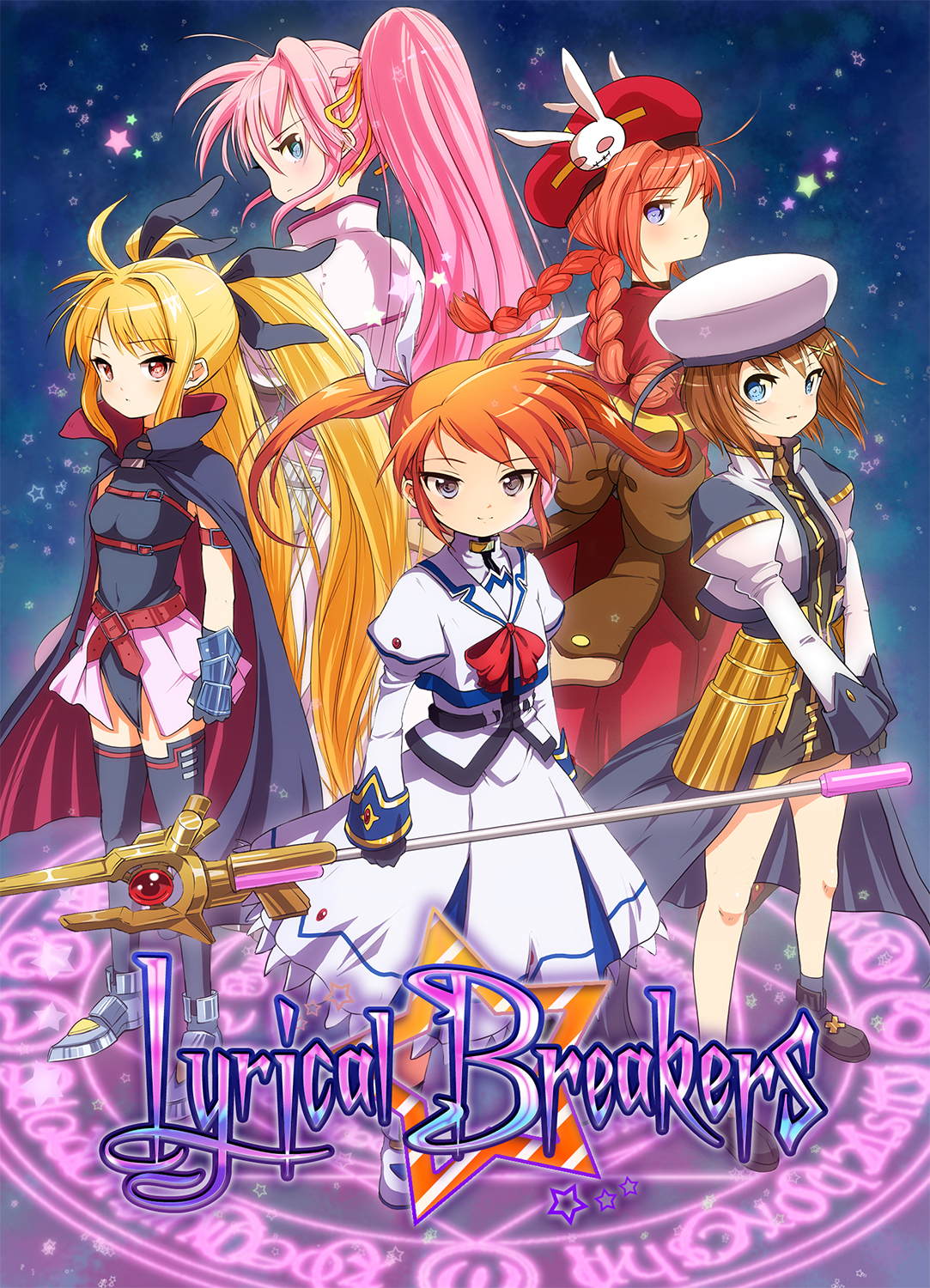 kawanos, bardiche (nanoha), fate testarossa, fate testarossa (lightning form), raising heart, raising heart (buster mode), signum, takamachi nanoha, takamachi nanoha (sacred mode), vita (nanoha), yagami hayate, lyrical nanoha, mahou shoujo lyrical nanoha, mahou shoujo lyrical nanoha a's, bad id, bad pixiv id, highres, 00s, 5girls, belt, blonde hair, blue eyes, boots, braid, brown hair, cape, gloves, hair ornament, hair ribbon, hairclip, hat, long hair, long sleeves, multiple girls, pink hair, ponytail, purple eyes, red eyes, red hair, ribbon, sleeves past wrists, staff, thighhighs, twin braids, twintails, very long hair, x hair ornament, zettai ryouiki