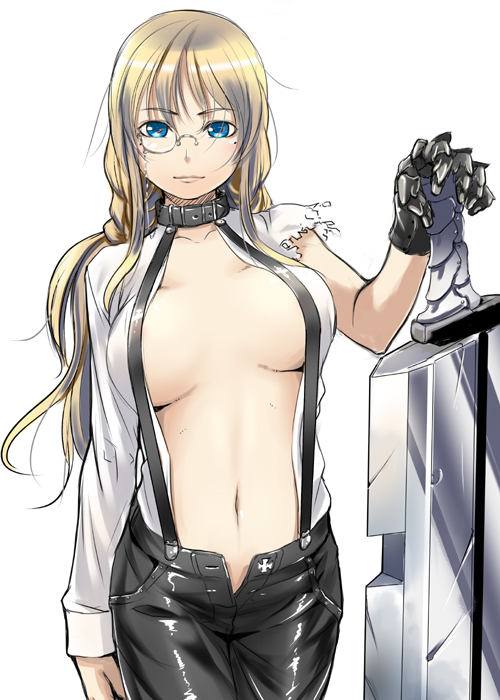 sody, 1girl, blonde hair, blue eyes, breasts, cleavage, collar, female focus, glasses, gloves, huge weapon, large breasts, leather, leather pants, legs, long hair, mole, mole under eye, navel, no bra, open clothes, open fly, open shirt, pants, shirt, single glove, smile, solo, suspenders, sword, thighs, unzipped, weapon