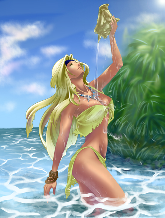 tiziano, jojo no kimyou na bouken, tagme, 1girl, bikini, blonde hair, breasts, closed eyes, cloud, dark-skinned female, dark skin, female focus, genderswap, genderswap (mtf), large breasts, long hair, ocean, outdoors, sky, solo, swimsuit, tree, wading