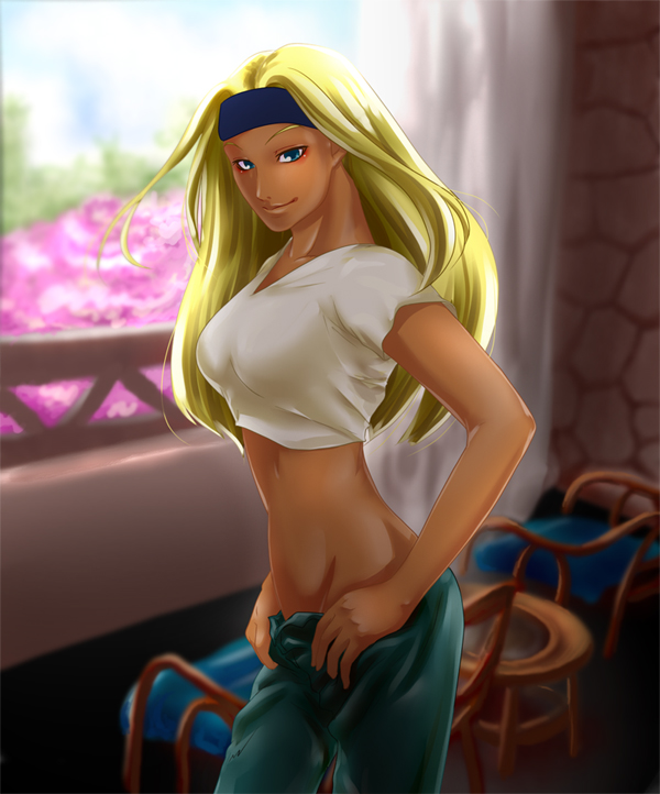 tiziano, jojo no kimyou na bouken, 1girl, blonde hair, dark-skinned female, dark skin, female focus, genderswap, genderswap (mtf), indoors, long hair, looking at viewer, midriff, narrow waist, pants, shirt, solo, t-shirt, window