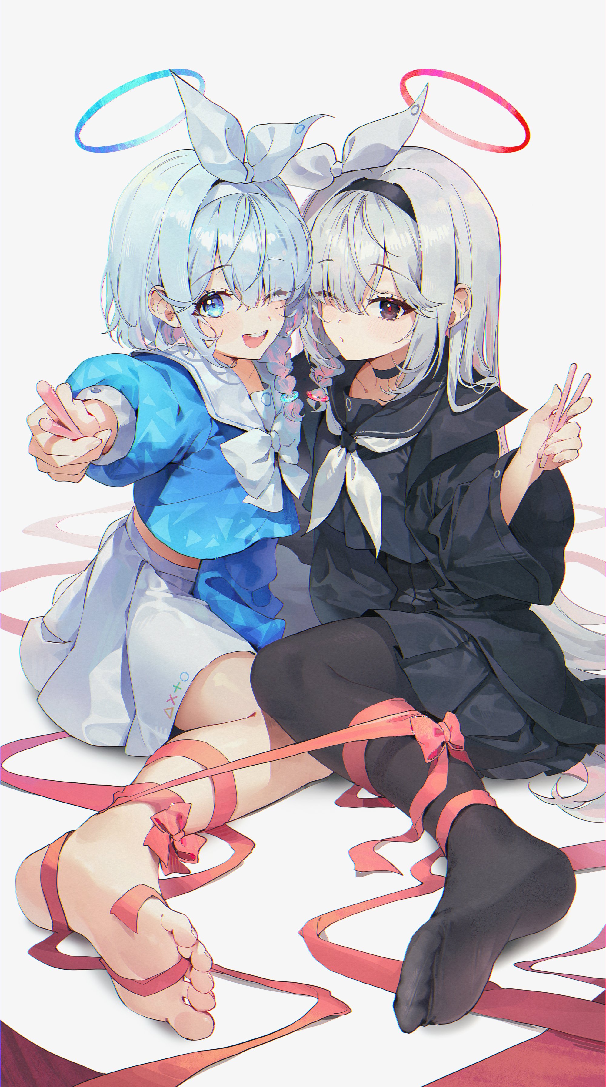 46 coffee, arona (blue archive), plana (blue archive), blue archive, absurdres, commentary, highres, 2girls, barefoot, black eyes, black pantyhose, black sailor collar, black serafuku, black skirt, blue eyes, blue hair, blue shirt, bow, bowtie, dated commentary, feet, grey hair, hair over one eye, hairband, halo, long hair, long sleeves, looking at viewer, multiple girls, neckerchief, no shoes, one eye closed, open mouth, pantyhose, red pupils, sailor collar, school uniform, serafuku, shirt, short hair, simple background, sitting, skirt, smile, soles, toes, very long hair, white background, white bow, white bowtie, white neckerchief, white sailor collar, white skirt