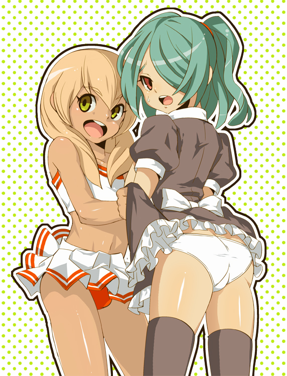 9aki, kazemaru ichirouta, miyasaka ryou, inazuma eleven, inazuma eleven (series), black legwear, bad id, bad pixiv id, 00s, 2boys, ass, blonde hair, bulge, cheerleader, clothes lift, crossdressing, crossdressing (mtf), dark-skinned male, dark skin, dress, dress lift, green eyes, green hair, hair over one eye, long hair, looking back, maid, male focus, male maid, midriff, multiple boys, open mouth, panties, ponytail, red eyes, red panties, shota, skirt, skirt lift, thighhighs, trap, underwear, white panties