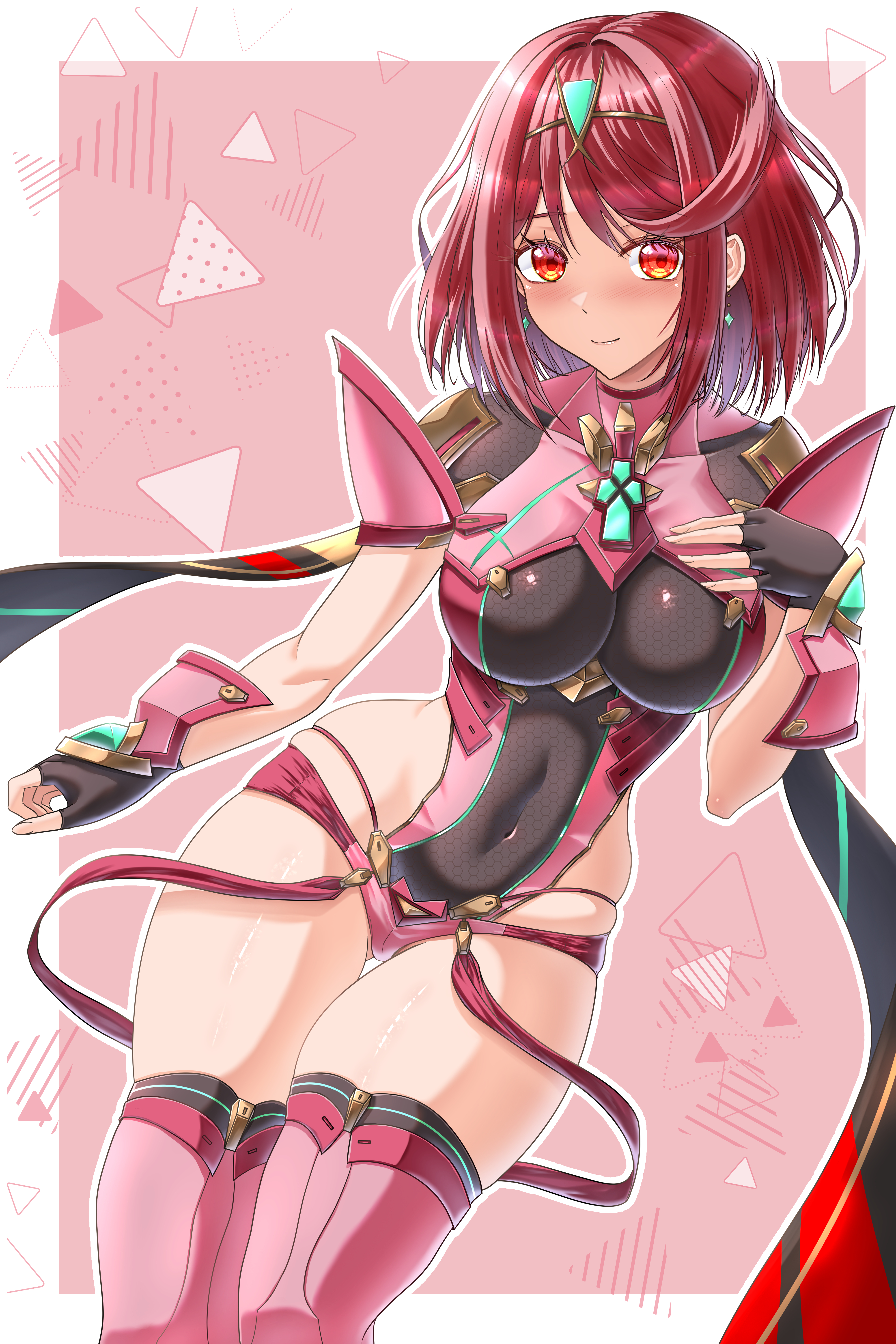 pyra (xenoblade), xenoblade chronicles (series), xenoblade chronicles 2, absurdres, commentary request, highres, 1girl, blush, boots, border, breasts, chest jewel, earrings, jewelry, large breasts, red background, red eyes, red hair, red shorts, short hair, short shorts, shorts, simple background, smile, solo, thigh boots, tiara, wade (njud8343), white border