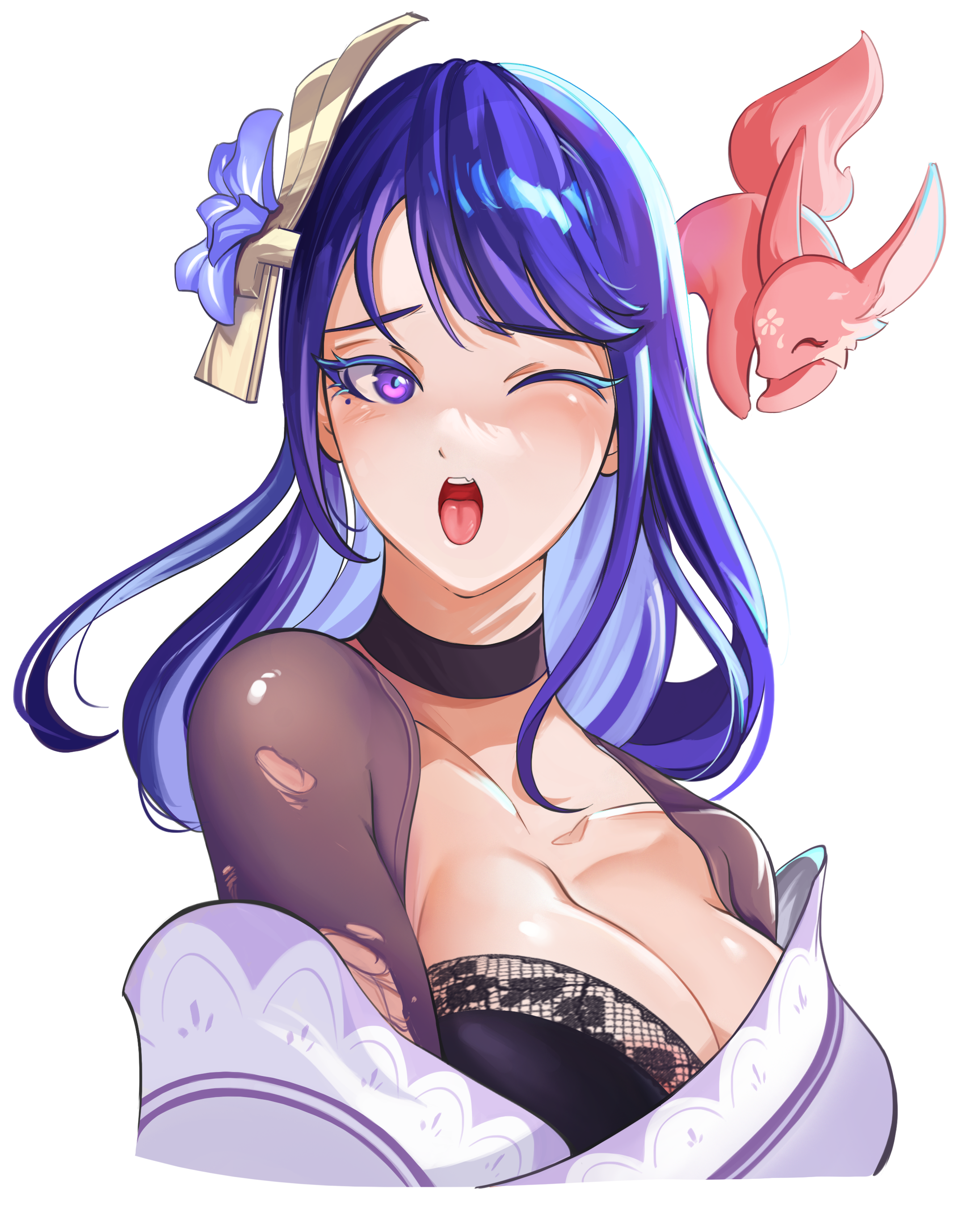 raiden shogun, yae miko, yae miko (fox), genshin impact, absurdres, commentary, english commentary, highres, 1girl, alternate breast size (larger), black bra, black choker, blue pupils, blunt bangs, blush, bra, breasts, bridal gauntlets, choker, cleavage, clothing cutout, collarbone, gradient hair, hair ornament, huge breasts, japanese clothes, kimono, large breasts, long hair, looking to the side, mole, mole under eye, multicolored eyes, multicolored hair, naughty face, off shoulder, one eye closed, open mouth, ping7751, purple eyes, purple kimono, shade, shoulder cutout, sideboob, simple background, solo focus, teeth, tongue, tongue out, torn clothes, underwear, upper body, upper teeth only, white background