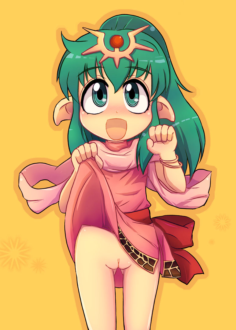 torotei, tiki (fire emblem), tiki (young) (fire emblem), fire emblem, fire emblem: mystery of the emblem, fire emblem: shadow dragon, nintendo, 1girl, blush, bracelet, cleft of venus, clothes lift, dress, dress lift, female focus, green eyes, green hair, jewelry, loli, matching hair/eyes, no panties, pointy ears, ponytail, pussy, simple background, smile, solo, uncensored, yellow background