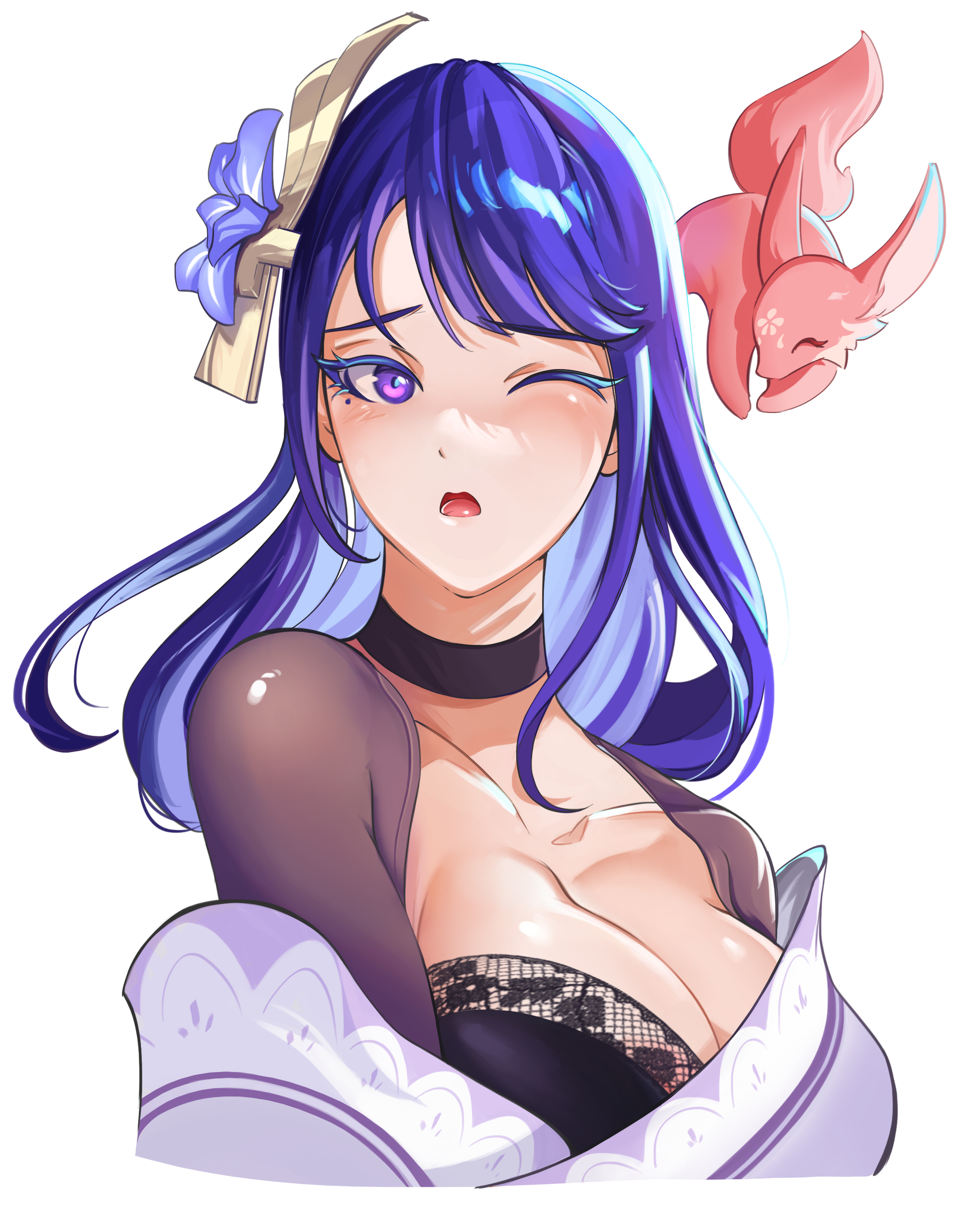 raiden shogun, yae miko, yae miko (fox), genshin impact, absurdres, commentary, english commentary, highres, 1girl, alternate breast size (larger), black bra, black choker, blue pupils, blunt bangs, blush, bra, breasts, bridal gauntlets, choker, cleavage, clothing cutout, collarbone, gradient hair, hair ornament, huge breasts, japanese clothes, kimono, large breasts, long hair, looking to the side, mole, mole under eye, multicolored eyes, multicolored hair, naughty face, off shoulder, one eye closed, open mouth, ping7751, purple eyes, purple kimono, shade, shoulder cutout, sideboob, simple background, solo focus, teeth, torn clothes, underwear, upper body, upper teeth only, white background