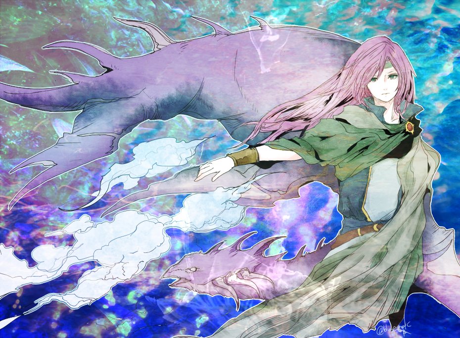 ruka (blueplus84), faris scherwiz, syldra, final fantasy, final fantasy v, commentary, 1girl, aqua eyes, aqua headband, belt, brown belt, cape, closed mouth, green cape, headband, high collar, long hair, purple hair, sea monster, twitter username