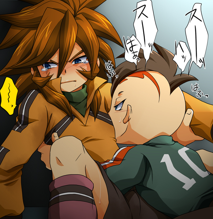 fudou akio, genda koujirou, inazuma eleven, inazuma eleven (series), 00s, 2boys, gradient background, male focus, mohawk, multiple boys, shota, tears, yaoi