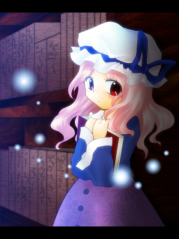 mirei yumia, bad id, bad pixiv id, 1girl, book, female focus, library, pink hair, red eyes, solo