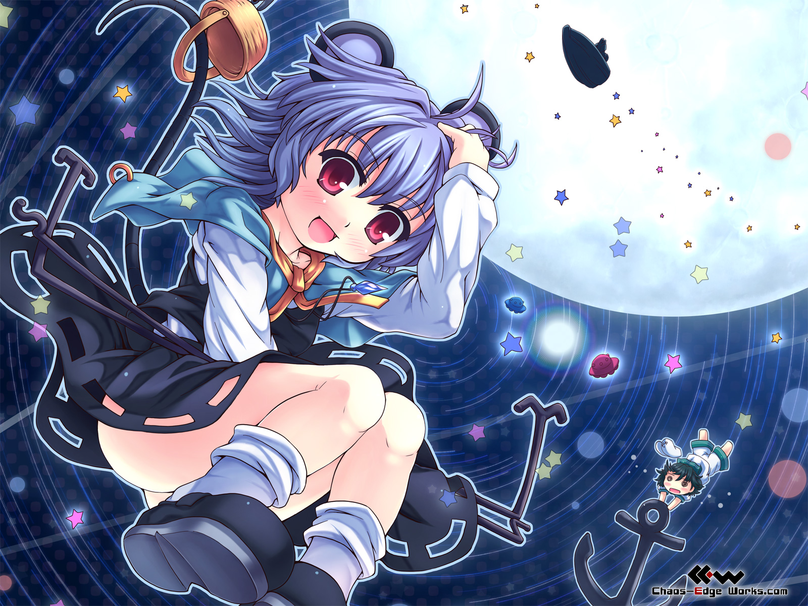 etogami kazuya, murasa minamitsu, nazrin, touhou, highres, 2girls, :d, anchor, animal ears, ass, basket, black hair, female focus, grey hair, happy, hat, jewelry, mouse ears, mouse tail, multiple girls, open mouth, palanquin ship, pendant, red eyes, sailor, sailor collar, sailor hat, ship, short hair, smile, tail, thighs, ufo, watercraft