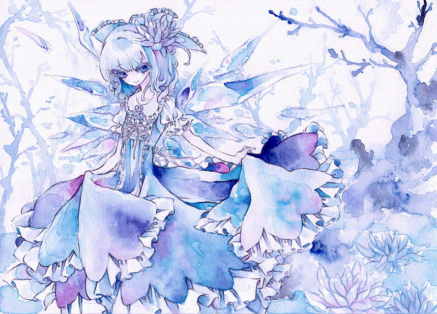 miri, miri (tobira no mukou), cirno, touhou, painting (medium), traditional media, watercolor (medium), 1girl, blue hair, branch, colored eyelashes, curtsey, dress, eyelashes, female focus, flower, frills, hair ornament, hair ribbon, no nose, ribbon, short hair, skirt hold, smile, solo, tree, water lily flower, wings