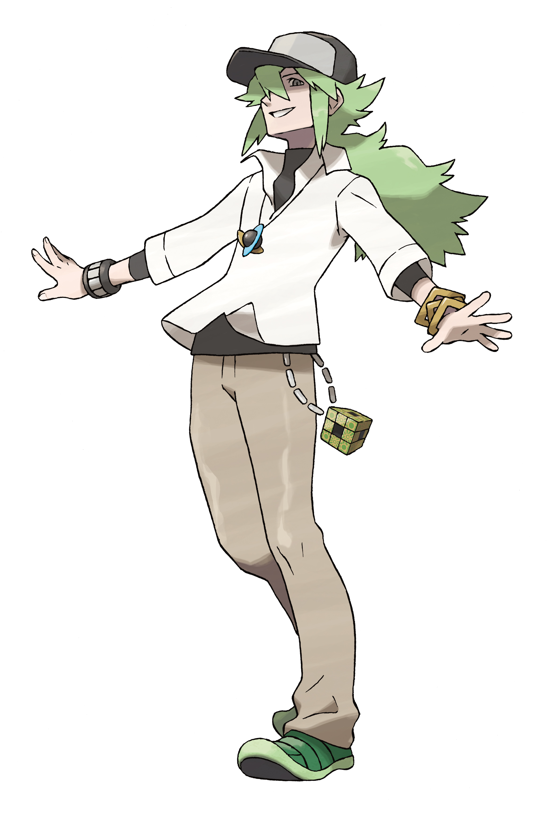 oomura yuusuke, n (pokemon), nintendo, pokemon, pokemon bw, absurdres, highres, official art, third-party source, 1boy, :d, anime coloring, asymmetrical clothes, baseball cap, black hat, black shirt, bracelet, brown pants, chain, collared shirt, cowlick, cube, floating clothes, full body, green eyes, green hair, green shoes, grin, hair between eyes, hair over one eye, half-closed eye, hat, jewelry, long hair, long sleeves, looking at viewer, low ponytail, male focus, messy hair, open mouth, outstretched arms, pants, pendant, ponytail, shaded face, shirt, shoes, sidelocks, simple background, smile, solo, standing, tachi-e, teeth, three-quarter sleeves, turtleneck, v-neck, white background, white shirt