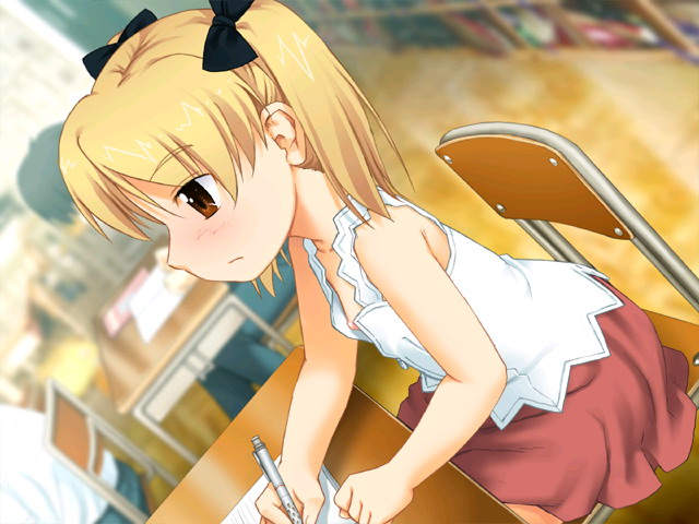 kirihara miyahito, yoshida seiji, tsukimachi kaguya, hatsujou tenkousei, game cg, 1girl, bare shoulders, blonde hair, blush, brown eyes, class, classroom, desk, dutch angle, flat chest, hair ribbon, loli, mechanical pencil, miniskirt, nipple slip, nipples, no bra, pencil, ribbon, school, school desk, short twintails, sitting, skirt, solo focus, twintails