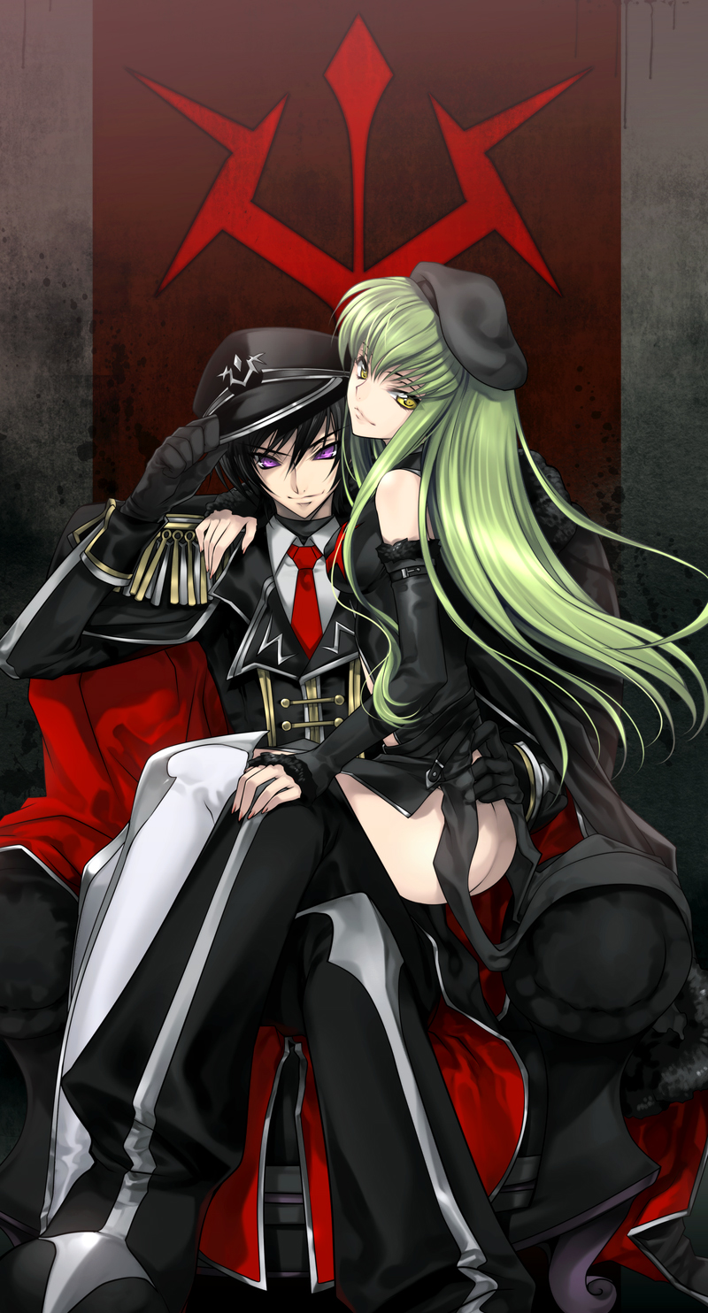 creayus, c.c., lelouch vi britannia, code geass, highres, 00s, 1boy, 1girl, ass, bare shoulders, belt, beret, black hair, boots, bottomless, crossed legs, detached sleeves, dress shirt, gloves, green hair, hat, long hair, looking at viewer, manly, military, military uniform, necktie, no panties, peaked cap, purple eyes, shirt, sitting, sitting on lap, sitting on person, throne, yellow eyes