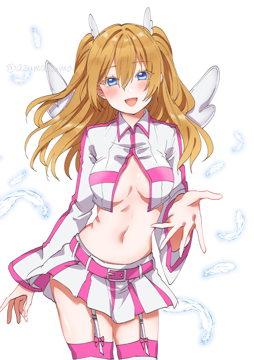 norarikurari333, amano ririsa, liliel (2.5 jigen no ririsa), 2.5 jigen no ririsa, commentary request, highres, 1girl, artist name, belt, blonde hair, blue eyes, blush, breasts, collared shirt, cosplay, cowboy shot, cropped shirt, falling feathers, feathers, garter straps, hair between eyes, hair ornament, liliel (2.5 jigen no ririsa) (cosplay), long hair, long sleeves, medium breasts, navel, open mouth, pink belt, pink trim, shirt, simple background, smile, solo, standing, stomach, thighhighs, twitter username, two side up, white background, white feathers, white garter straps, white shirt