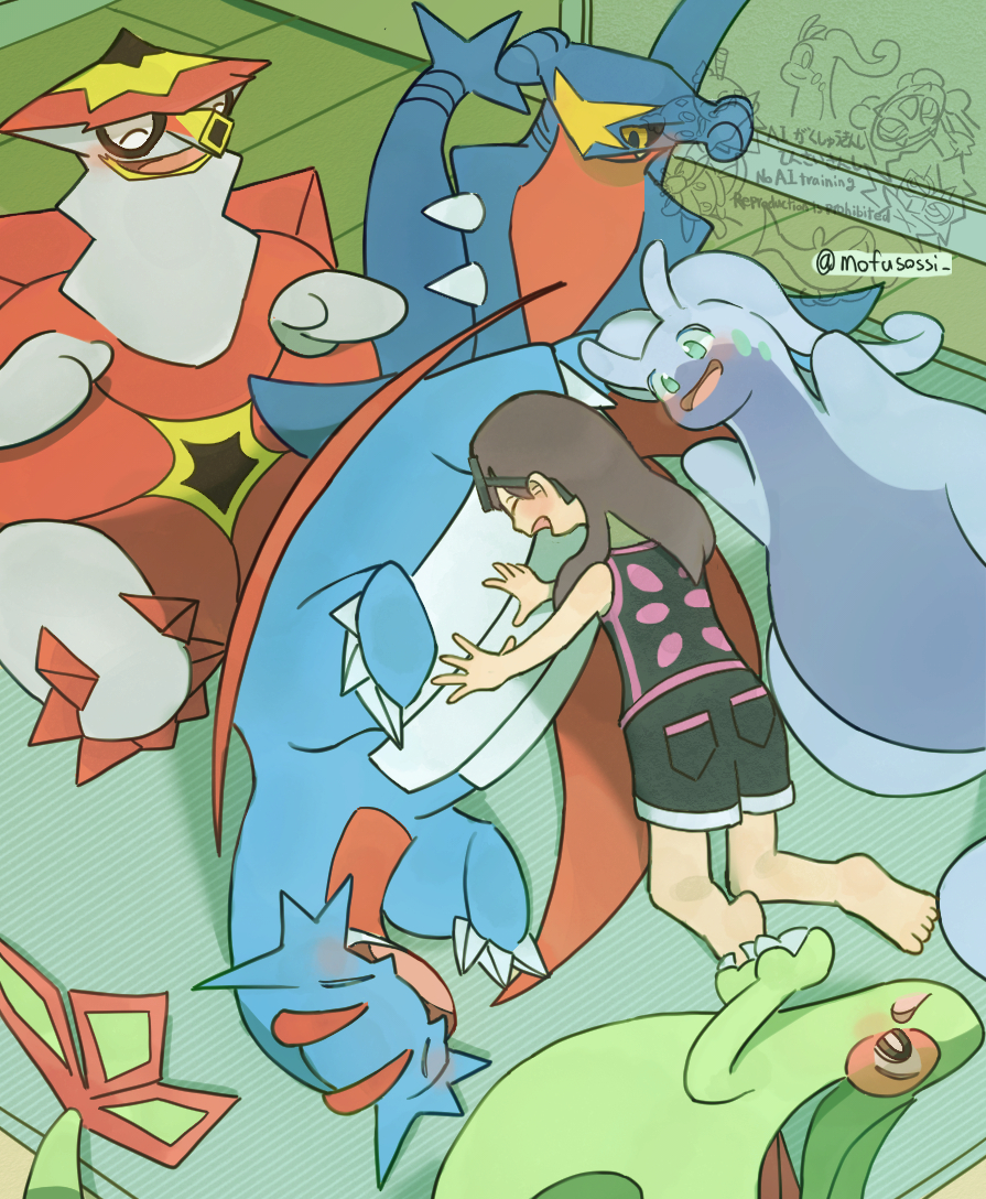mosseso sefu, araquanid, decidueye, flygon, garchomp, goodra, lilligant, salamence, tatsugiri, turtonator, vanilluxe, nintendo, pokemon, 1girl, barefoot, belly rub, black-framed eyewear, black sclera, black shirt, black shorts, blush, brown hair, character watermark, claws, closed eyes, closed mouth, colored sclera, dragon, eyewear on head, fang, fangs, feet, gen 3 pokemon, gen 4 pokemon, gen 5 pokemon, gen 6 pokemon, gen 7 pokemon, green eyes, indoors, kneeling, long hair, lying, on side, open mouth, pokemon (creature), shirt, shorts, sitting, skin fangs, sleeveless, sleeveless shirt, smile, soles, toes, watermark, yellow eyes