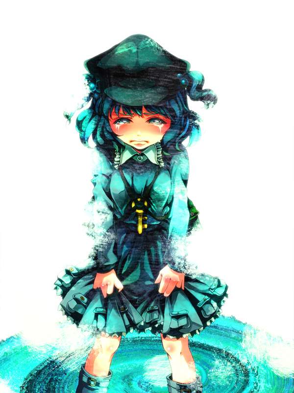awa toka, kawashiro nitori, touhou, bad id, bad pixiv id, 1girl, backpack, bag, blue eyes, blue hair, female focus, hair bobbles, hair ornament, hat, key, matching hair/eyes, randoseru, short hair, solo, tears, twintails, two side up, water, white background