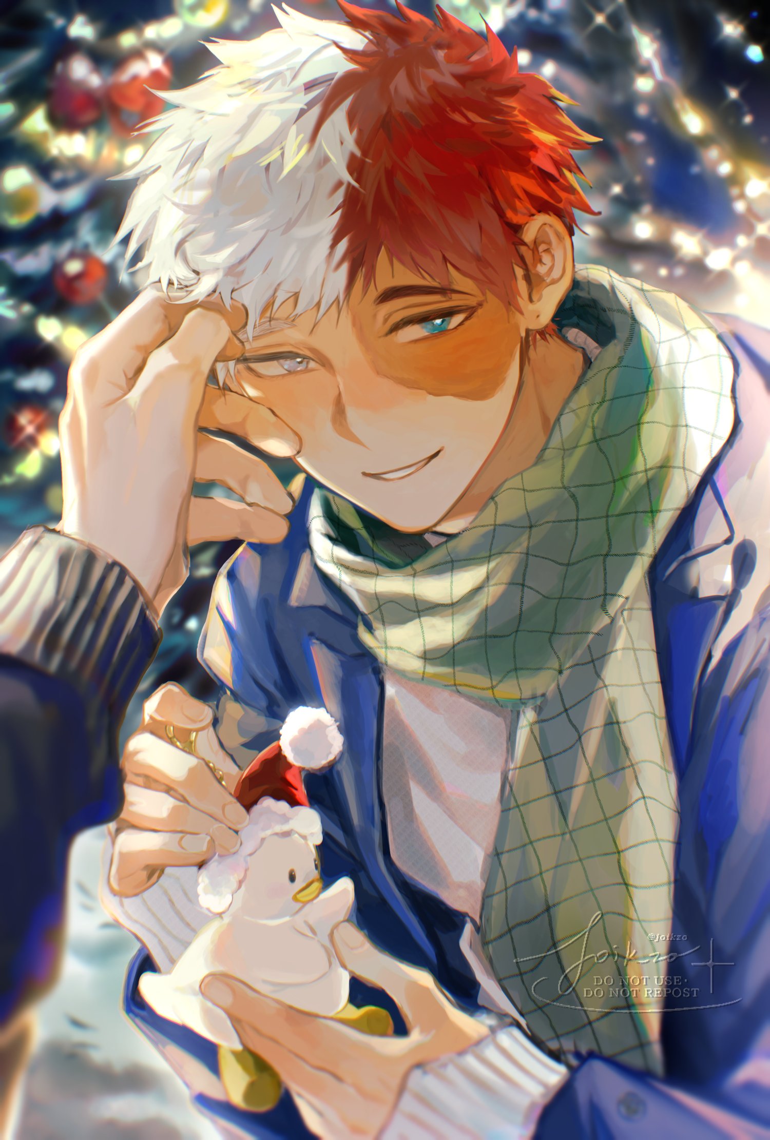 joikzo, todoroki shoto, boku no hero academia, highres, 2boys, alternate costume, blue eyes, blurry, blurry background, burn scar, christmas tree, grey eyes, heterochromia, holding, long sleeves, looking at viewer, male focus, mini snowman, mismatched eyebrows, multicolored hair, multiple boys, pov, pov hands, red hair, scar, scar on face, scarf, short hair, smile, solo focus, split-color hair, teeth, two-tone hair, watermark, white hair