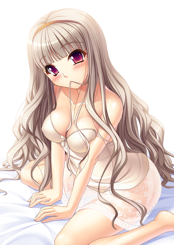 kirin kakeru, shijou takane, idolmaster, idolmaster (classic), 00s, 1girl, arm support, babydoll, barefoot, blush, breasts, cleavage, female focus, hair in own mouth, headband, long hair, looking at viewer, red eyes, shiny skin, sitting, solo, wariza