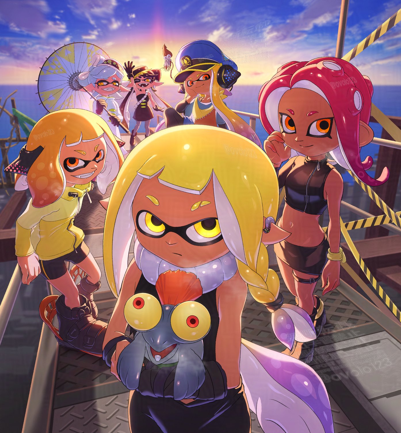 ovolo123, agent 3 (splatoon), agent 3 (splatoon 3), agent 4 (splatoon), agent 8 (splatoon), callie (alterna) (splatoon), callie (splatoon), cap'n cuttlefish, captain 3 (splatoon), marie (alterna) (splatoon), marie (splatoon), smallfry (splatoon), nintendo, splatoon (series), splatoon 3, character request, check character, highres, 6+girls, black dress, black gloves, blonde hair, blue hat, braid, closed mouth, coat, dress, full body, gloves, hat, headphones, holding, holding umbrella, inkling, long hair, long sleeves, looking at viewer, mole, mole under eye, multicolored hair, multiple girls, octoling, official alternate costume, open mouth, orange eyes, outdoors, parasol, patchwork clothes, peaked cap, pointy ears, salmonid, shirt, short hair, shorts, smile, strapless, sunset, symbol-shaped pupils, tentacle hair, umbrella, yellow eyes