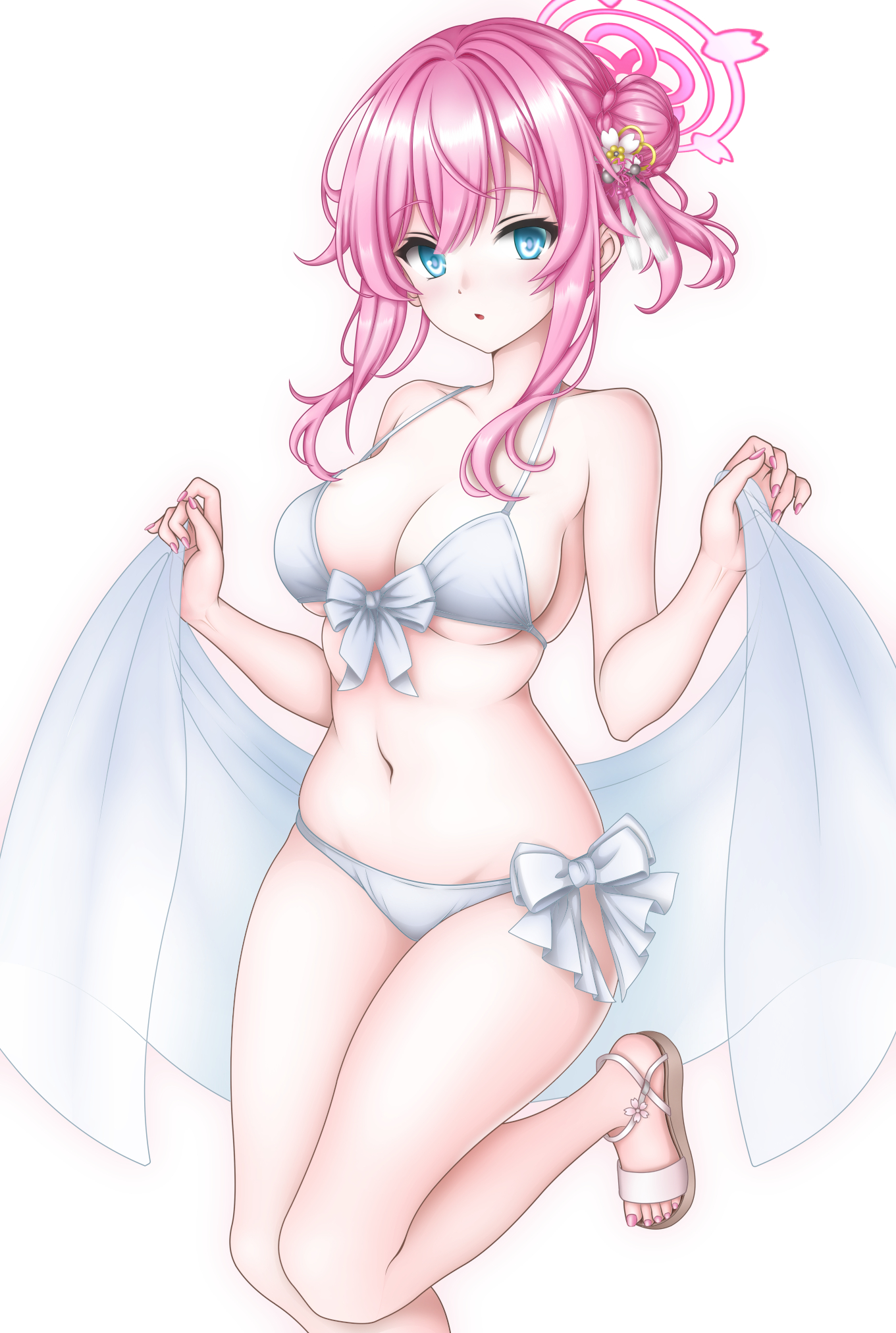 sturm (arowana kingyo), mimori (blue archive), mimori (swimsuit) (blue archive), blue archive, commentary request, highres, 1girl, bikini, blue eyes, blush, bow, bow bikini, breasts, cleavage, curvy, flower, foot out of frame, hair bun, hair flower, hair ornament, halo, halterneck, hands up, holding shawl, large breasts, long hair, looking at viewer, nail polish, navel, official alternate costume, official alternate hairstyle, parted lips, pink hair, pink halo, pink nails, sandals, shawl, sidelocks, single hair bun, skindentation, solo, standing, standing on one leg, stomach, swimsuit, thighs, toenail polish, toenails, toes, white bikini, white bow, white flower, white sandals, white shawl