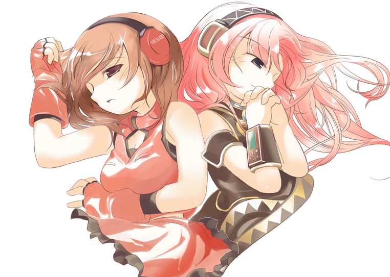 cyurin, megurine luka, meiko (vocaloid), vocaloid, brown eyes, brown hair, fingerless gloves, gloves, headphones, headset, long hair, pink hair, short hair, simple background, skirt, smile