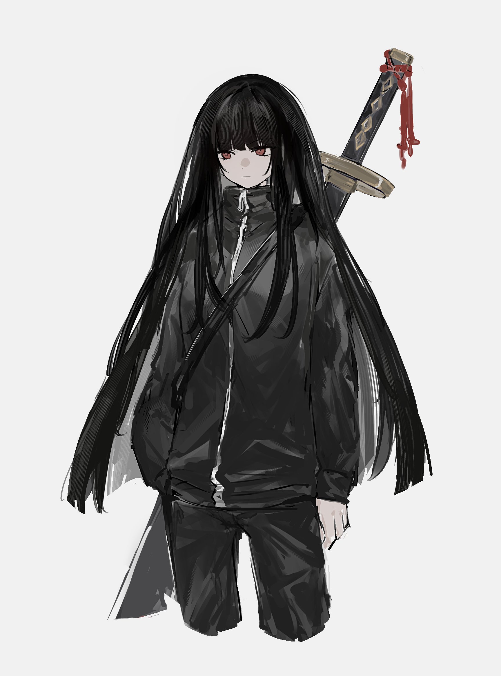 munh422, ryoshu (project moon), limbus company, project moon, highres, 1girl, black hair, black jacket, black pants, blunt bangs, closed mouth, cropped legs, hand in pocket, jacket, katana, long hair, long sleeves, pants, red eyes, sheath, sheathed, simple background, solo, sword, sword on back, track suit, weapon, weapon on back, white background
