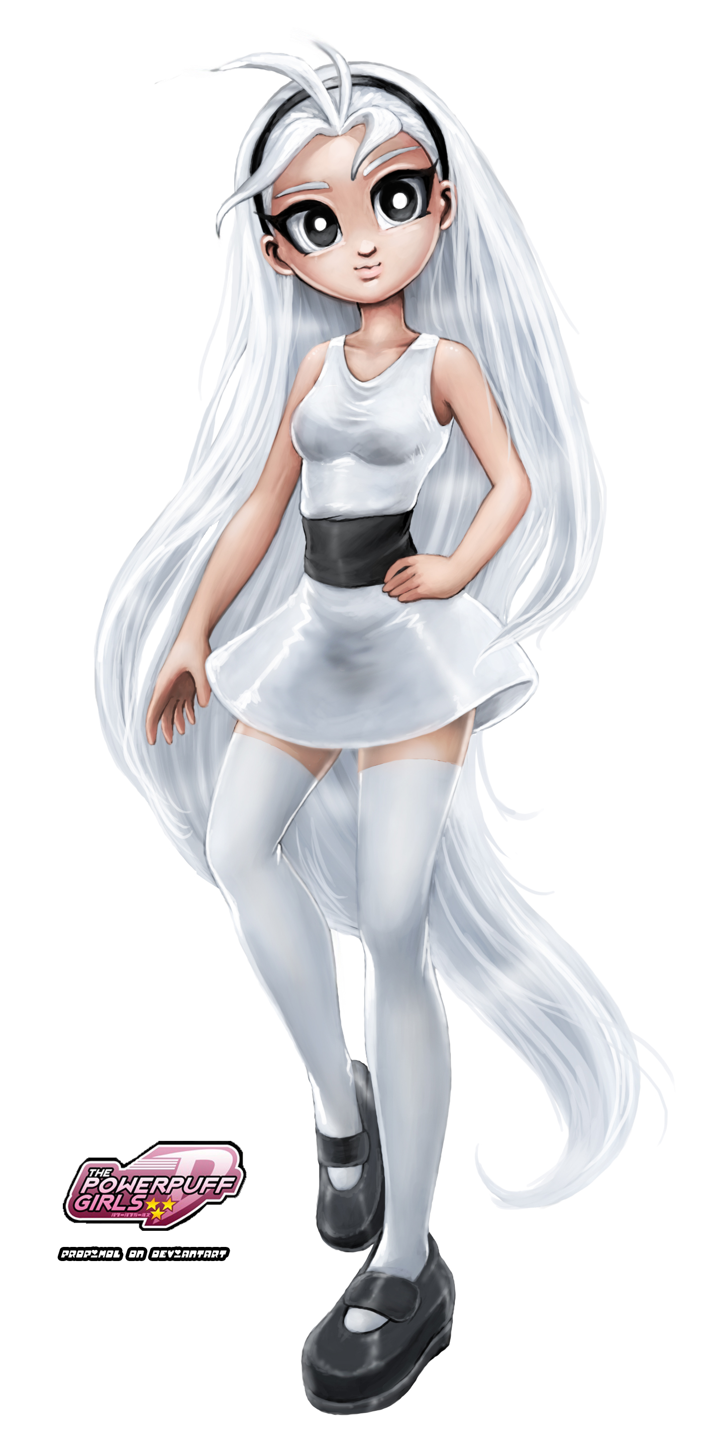 propimol, bell (ppgd), powerpuff girls, powerpuff girls doujinshi, absurdres, commentary, highres, 1girl, aged up, black hairband, black shoes, dress, dress shoes, grey eyes, hairband, hand on own hip, logo, long bangs, long hair, shoes, short dress, sleeveless, solo, standing, thighhighs, very long hair, white background, white dress, white hair, white thighhighs