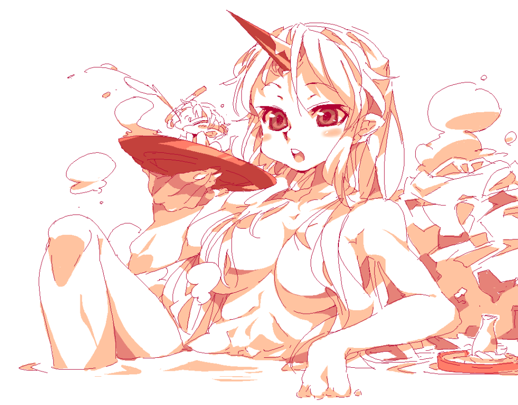 kugimiya atsuki, hoshiguma yuugi, mizuhashi parsee, touhou, bad id, bad pixiv id, 2girls, abs, breasts, chibi, cup, female focus, giant, giantess, hair over breasts, horns, medium breasts, mini person, minigirl, monochrome, multiple girls, nude, oekaki, onsen, sakazuki, same-sex bathing, shared bathing, single horn, tokkuri