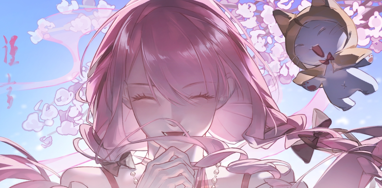 momo (nikki), nikki (nikki), perfect start (infinity nikki), infinity nikki, nikki (series), chinese commentary, commentary request, 1girl, ^ ^, ahoge, animal, backlighting, bare shoulders, bead necklace, beads, black bow, black ribbon, blue sky, bow, bow choker, bowtie, bra strap, braid, branch, cat, cherry blossoms, choker, cloak, closed eyes, clothed animal, ear covers, eyelashes, eyes visible through hair, floating, floating hair, flower, frilled shirt, frills, hair between eyes, hair bow, hair ribbon, happy, hood, hood up, hooded cloak, interlocked fingers, jewelry, jinyan262, light particles, long hair, low twintails, lower teeth only, navel, necklace, off-shoulder shirt, off shoulder, open mouth, own hands clasped, own hands together, pawpads, pink bow, pink bowtie, pink choker, pink flower, pink hair, red bow, red bowtie, ribbon, shirt, signature, single stripe, sky, smile, straight-on, striped bow, striped bowtie, striped choker, striped clothes, teeth, traditional bowtie, tress ribbon, twin braids, twintails, upper body, very long hair, whiskers, white cat, white shirt, wind, yellow cloak