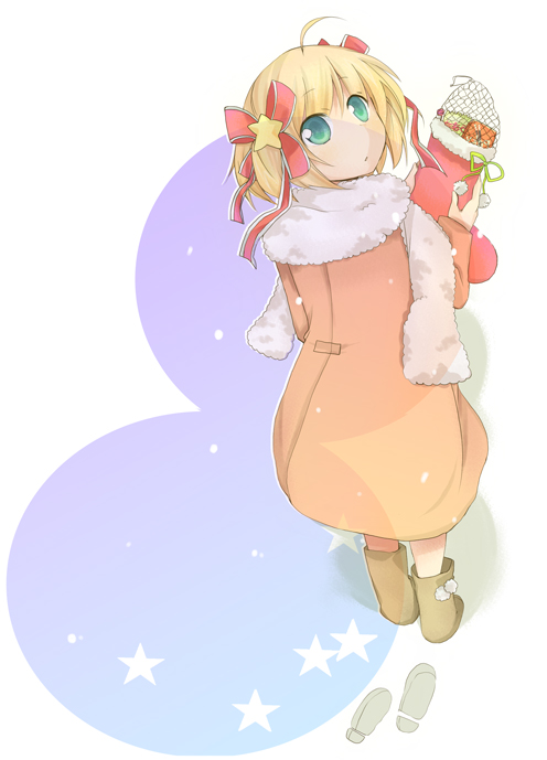 furui suguri, kamikita komari, little busters!, bad id, bad pixiv id, blonde hair, blue eyes, boots, coat, looking up, scarf, short hair, snow, solo, thighhighs