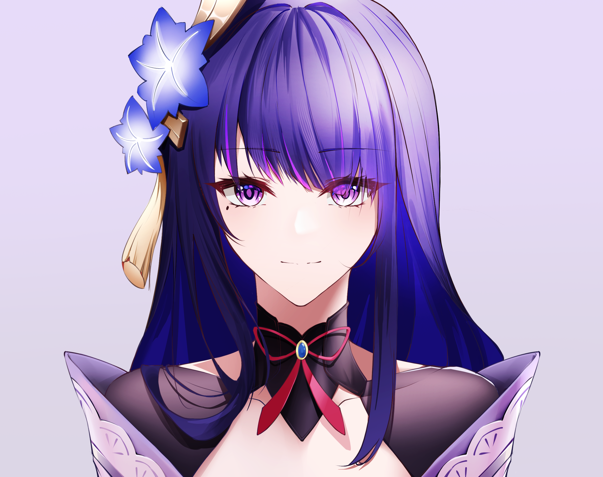 sumeragi usagi, raiden shogun, genshin impact, commentary request, highres, 1girl, blunt bangs, closed mouth, clothing cutout, collarbone, hair ornament, japanese clothes, kimono, long hair, looking at viewer, mole, mole under eye, neck ribbon, off shoulder, purple background, purple eyes, purple hair, purple kimono, red ribbon, ribbon, shade, shoulder cutout, simple background, upper body