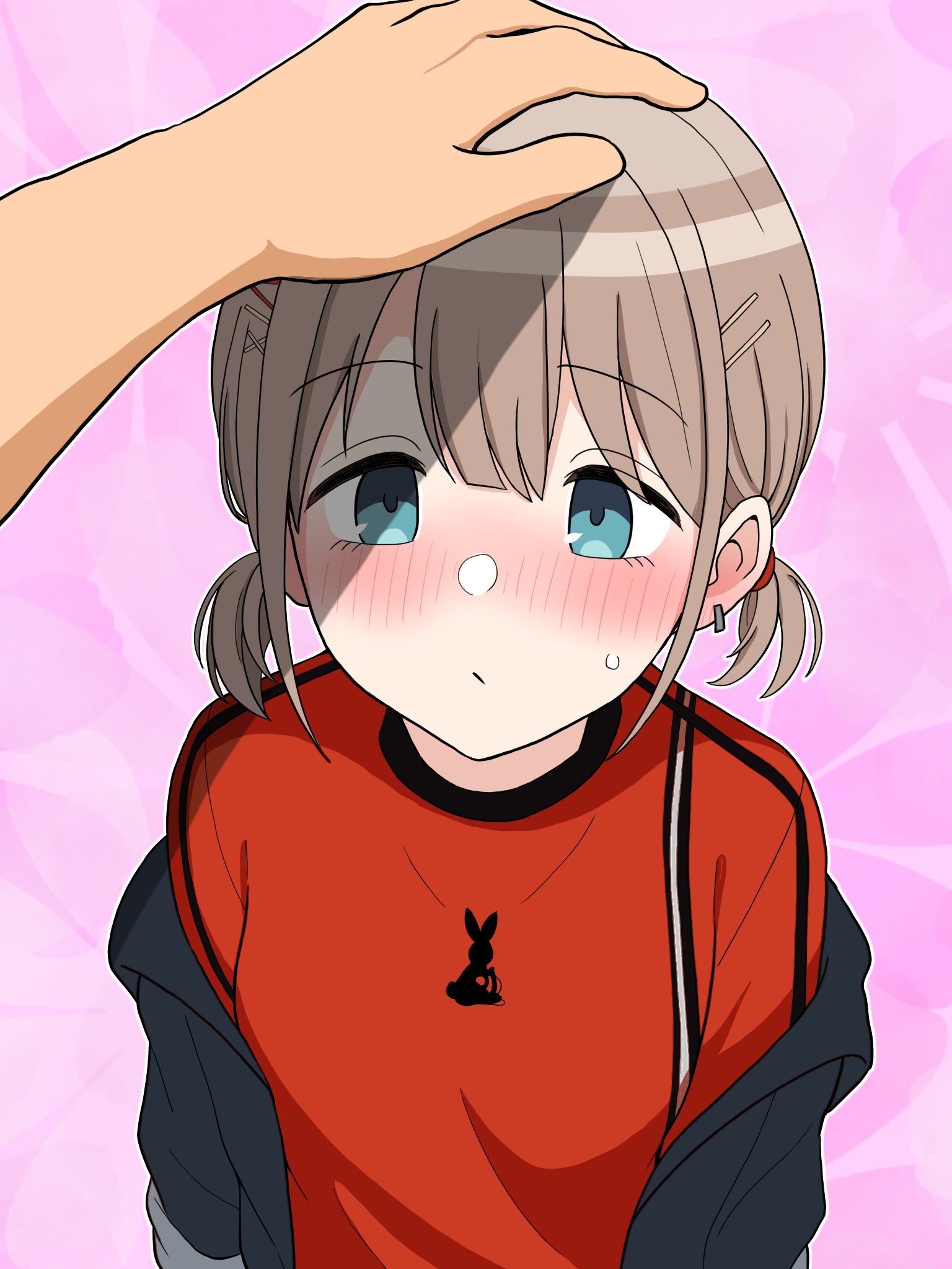 hondy (hondycore), serizawa asahi, idolmaster, idolmaster shiny colors, commentary request, highres, 1boy, 1girl, :/, black jacket, blush, earrings, grey hair, hand on another's head, hetero, jacket, jacket partially removed, jewelry, nose blush, out of frame, pink background, pov, pov hands, red shirt, shirt, short twintails, sweat, twintails