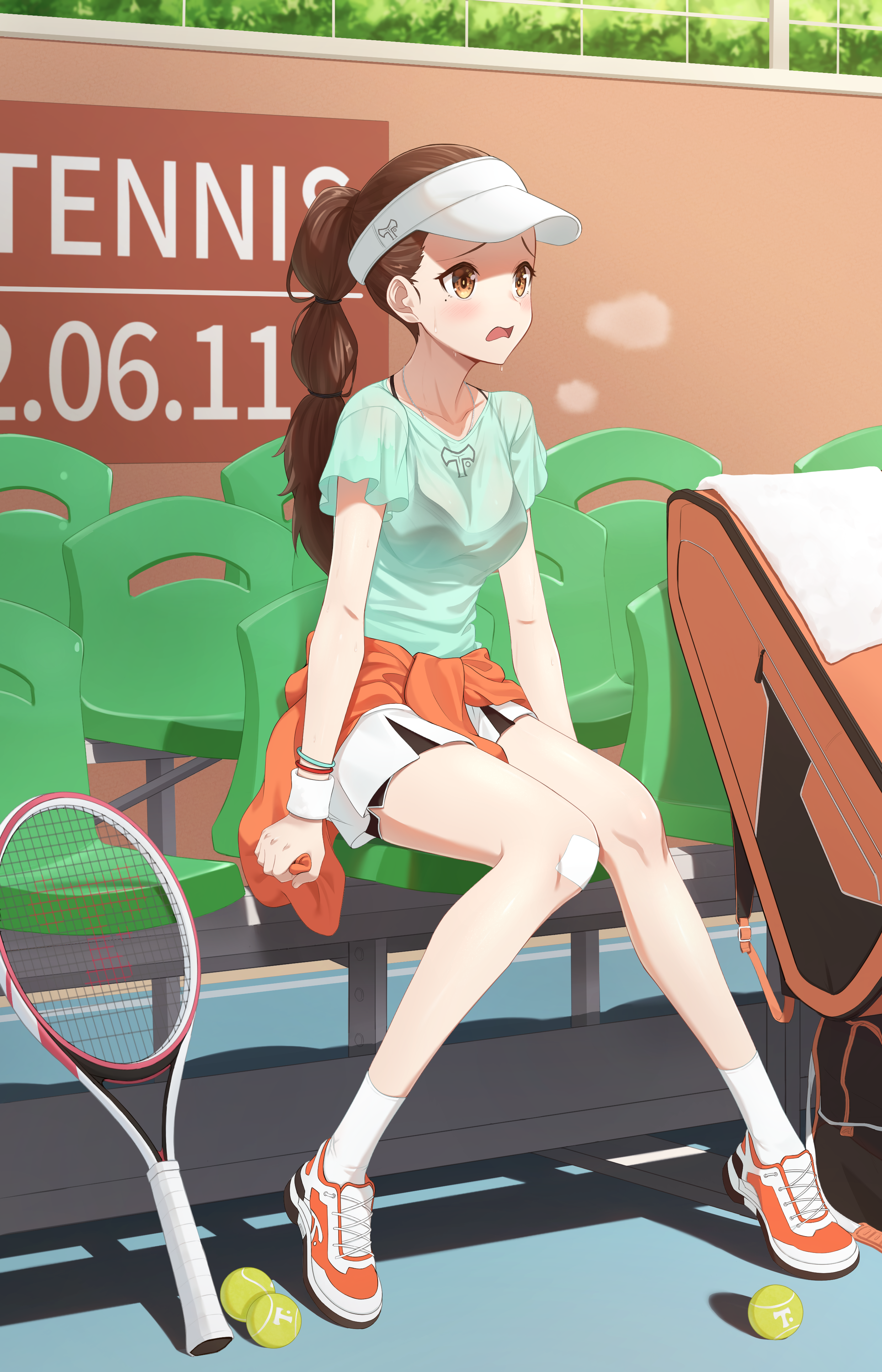 angrykuma, original, 1girl, bag, ball, bandaid, black bra, blush, bra, bra strap, bra visible through clothes, breath, brown eyes, brown hair, bush, chair, clenched hand, clothes around waist, collarbone, dolphin shorts, english text, exhausted, green shirt, high ponytail, jacket, jacket around waist, jewelry, legs, long hair, necklace, orange jacket, ponytail, racket, shadow, shirt, shoes, short shorts, shorts, sitting, skirt, sneakers, socks, sweat, sweatband, sweaty clothes, t-shirt, tennis ball, tennis court, tennis racket, thighs, towel, underwear, visor cap, wet, wet clothes, white skirt, white socks, wristband