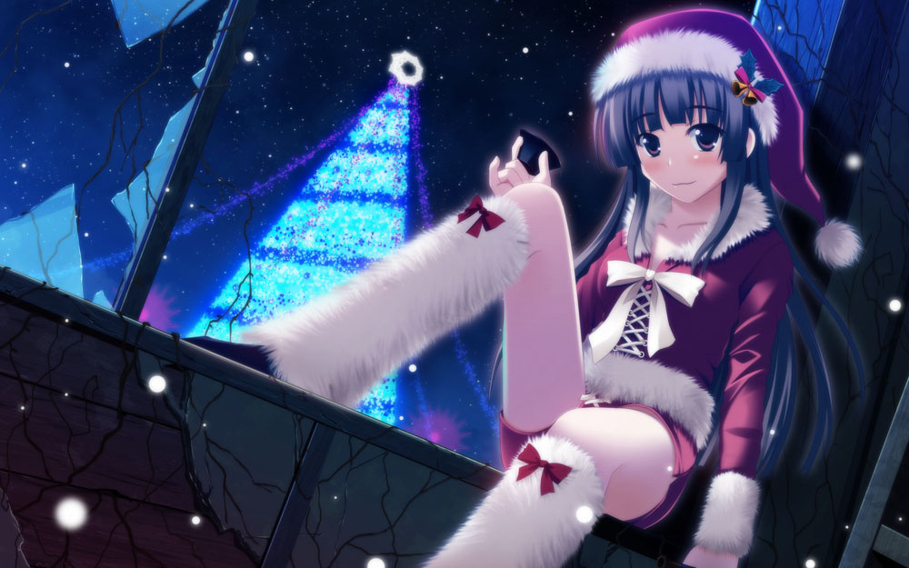 kazumasa, original, 1girl, black hair, boots, brown eyes, christmas, christmas tree, dutch angle, female focus, hat, long hair, santa costume, santa hat, snow, solo