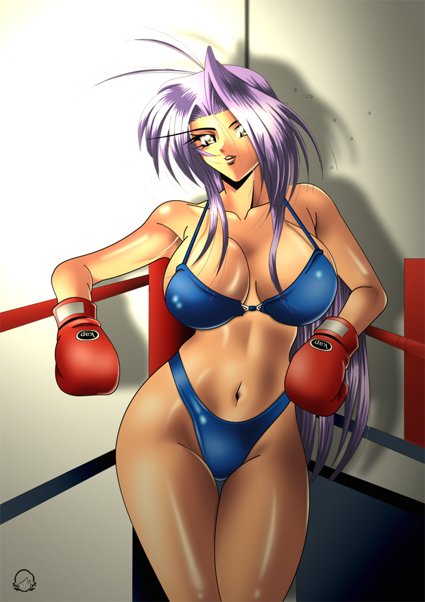 marckpf, character request, source request, 1girl, bikini, blue panties, boxing gloves, boxing ring, breasts, cleavage, curvy, dark-skinned female, dark skin, female focus, highleg, highleg bikini, highleg panties, hip focus, large breasts, long hair, panties, purple hair, solo, swimsuit, underwear, wide hips, yellow eyes