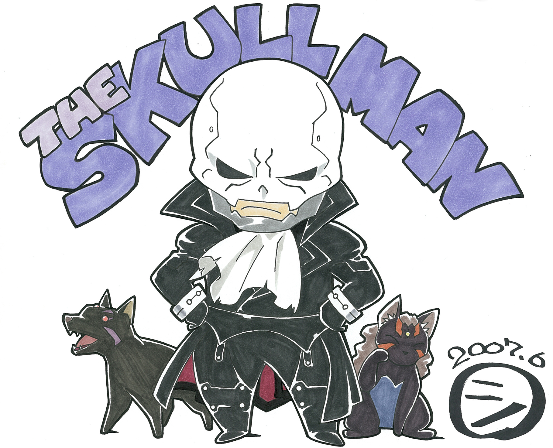 gorigo, skullman, the skullman, highres, traditional media, 1boy, chibi, male focus, simple background, solo