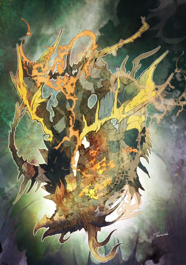 ruka (blueplus84), midgardsormr (final fantasy), final fantasy, final fantasy xiv, commentary, copyright name, dragon, fire, monster, monster focus, no humans, sharp teeth, solo, teeth, twitter username, yellow eyes